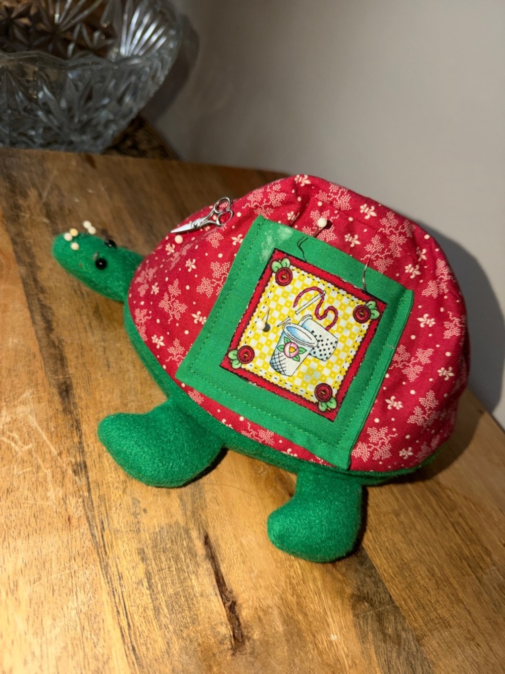 Plush Turtle Pincushion Sewing Toy - Red and Green Handmade